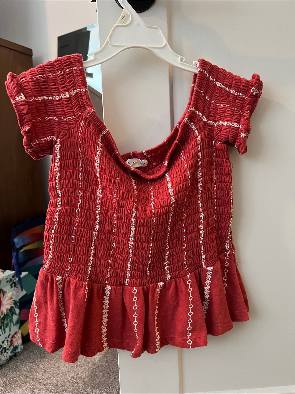 Aeropostale Red Smocked Peplum Blouse with White Stitching
